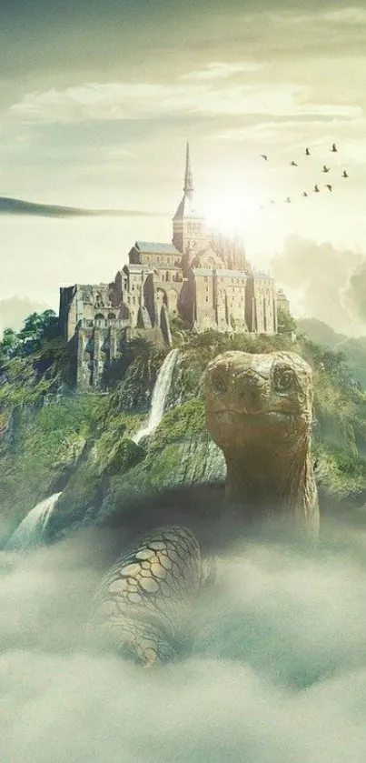 Fantasy castle on giant tortoise amidst clouds, surreal wallpaper.