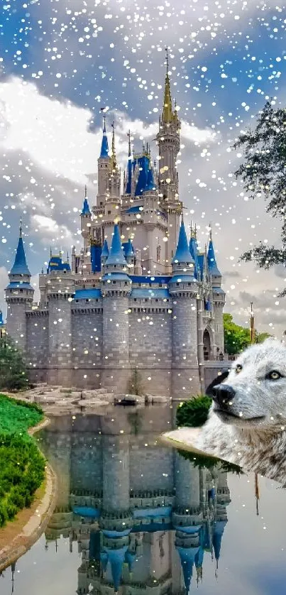 Enchanting castle and wolf wallpaper with blue skies and nature.