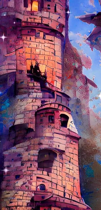 A vivid fantasy castle with a mystical sky.