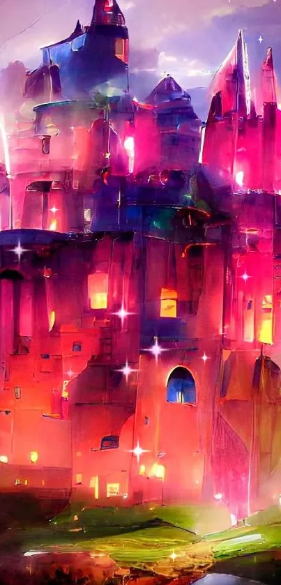 Vibrant digital painting of a fantasy castle in pink hues.