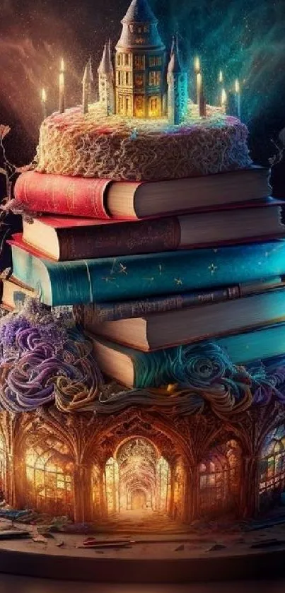 Enchanting fantasy castle on a book cake with candles and glowing windows.