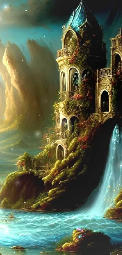 Fantasy castle with waterfall and teal landscape.