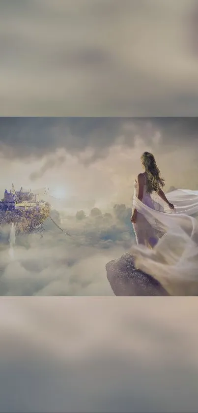 A woman gazes at a floating castle above the clouds under a dreamy sky.