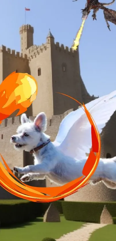 Flying dog with wings over a castle and vibrant orange swirl.