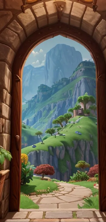 Fantasy view through a stone castle door opening to lush green mountains.