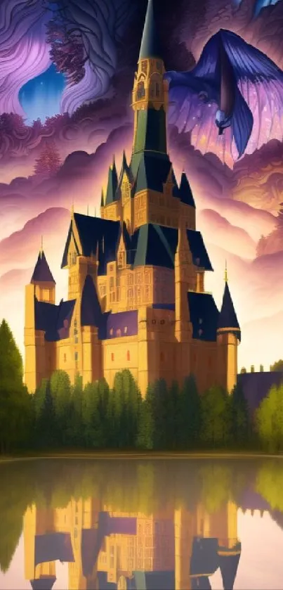 Fantasy castle with dragon under a vibrant sky.