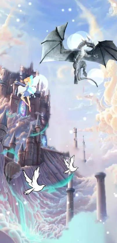 Fantasy scene with castle, dragon, and flying doves in clouds.