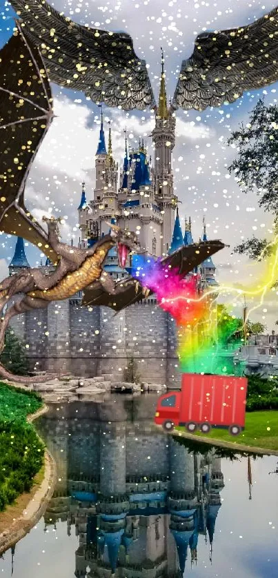 Colorful dragon flying near a mystical castle with rainbow effects.