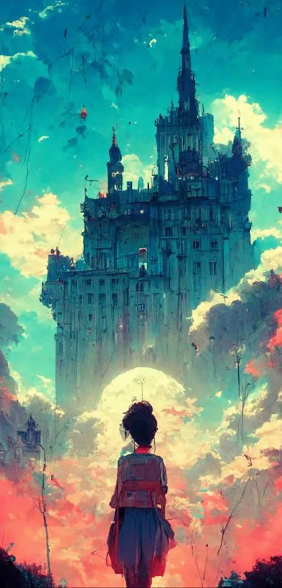 Silhouette before a surreal castle amidst colorful clouds.