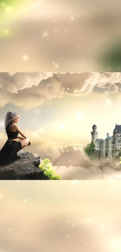 Fantasy castle with a woman overlooking clouds.