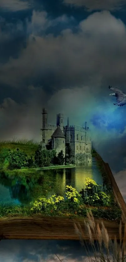 Fantasy castle on an open book with birds and clouds in a dreamscape scene.