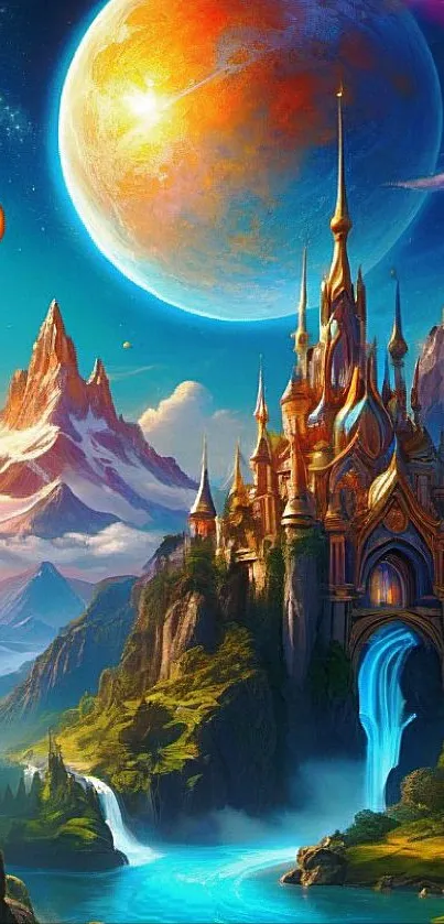 Fantasy castle with waterfall and planets in vivid colors.