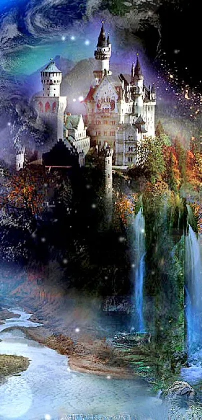 Fantasy wallpaper of a castle within Earth, set against a cosmic backdrop.