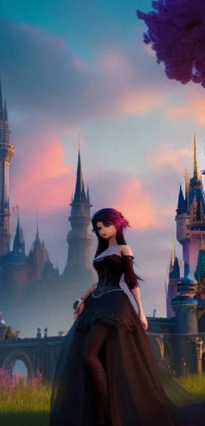 Fantasy Gothic princess in front of majestic castle under twilight sky.