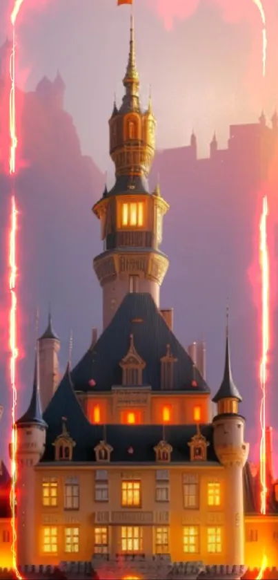 An enchanted castle with an orange glow, set against a mystical backdrop.