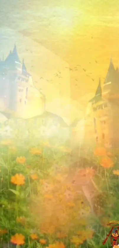 Enchanted castle with flowers and a glowing sunset on mobile wallpaper.