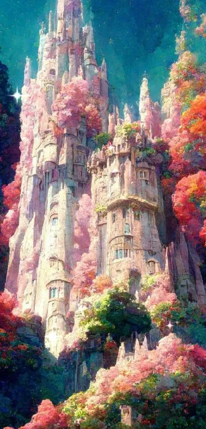 Fantasy castle surrounded by vibrant pink foliage and colorful trees.