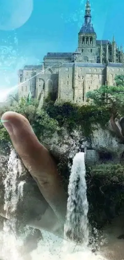 Fantasy castle cradled in hand with waterfalls and blue sky.