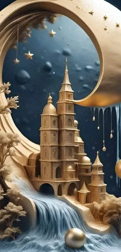 Fantasy castle under moonlit sky, with golden elements.
