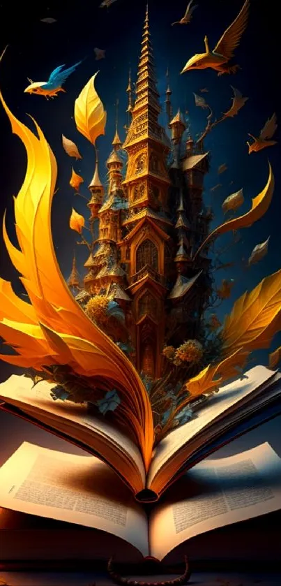 Majestic fantasy castle rising from an open book with golden leaves.