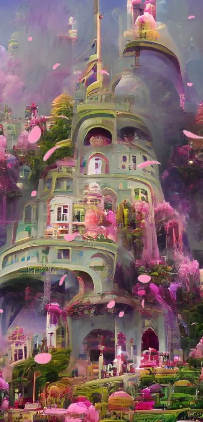 Fantasy castle with pink flora and dreamy design, perfect for phone wallpaper.