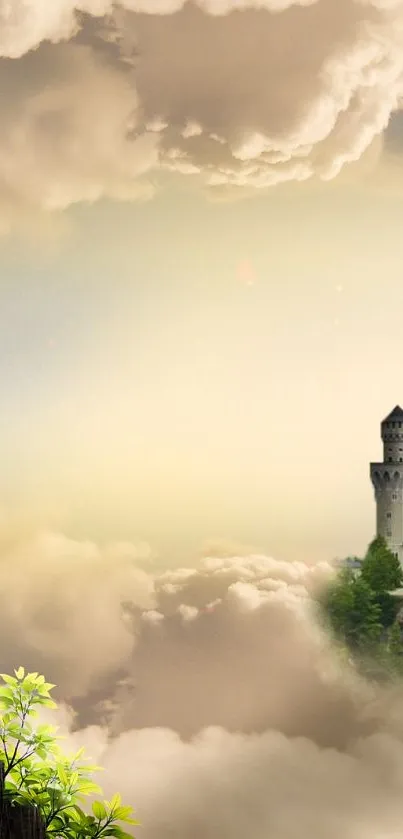 Fantasy castle with clouds and greenery wallpaper.