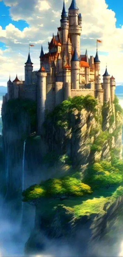 Fantasy castle floating above the clouds with a clear blue sky.