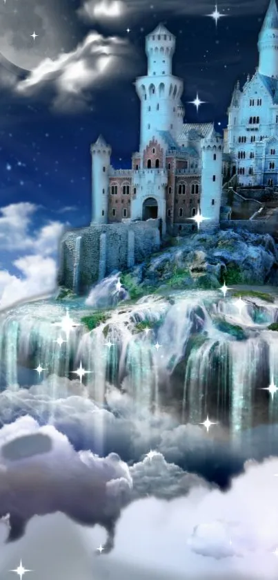 A fantasy castle above clouds with waterfalls and starry sky.