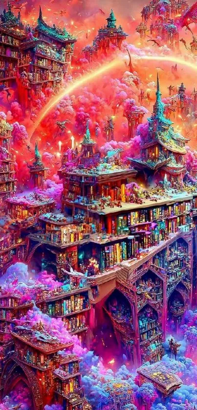 A vibrant fantasy castle surrounded by pink clouds and dragons.