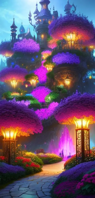 A whimsical fantasy castle with glowing flowers and vibrant colors under a moonlit sky.