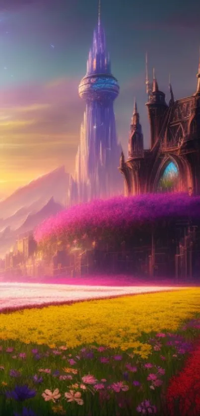 A fantasy castle with vibrant fields and a stunning sunset sky.