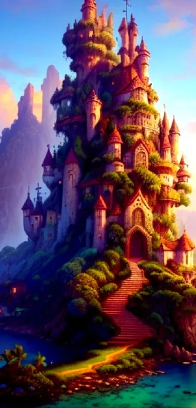 Majestic fantasy castle with vibrant colors and serene waters.