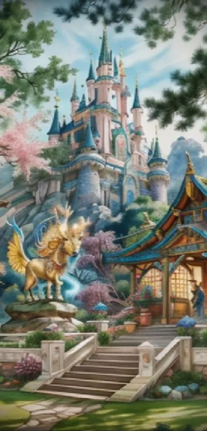 Fantasy castle and unicorn wallpaper on mobile device.