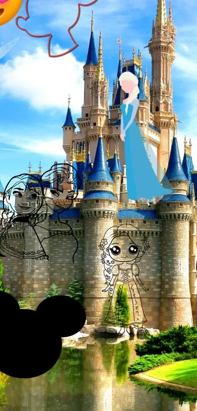 Magical castle with fantasy characters in vibrant wallpaper.