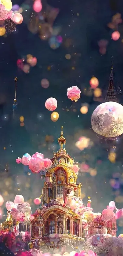 Fantasy castle with floating orbs and pink flowers on a mystical background.