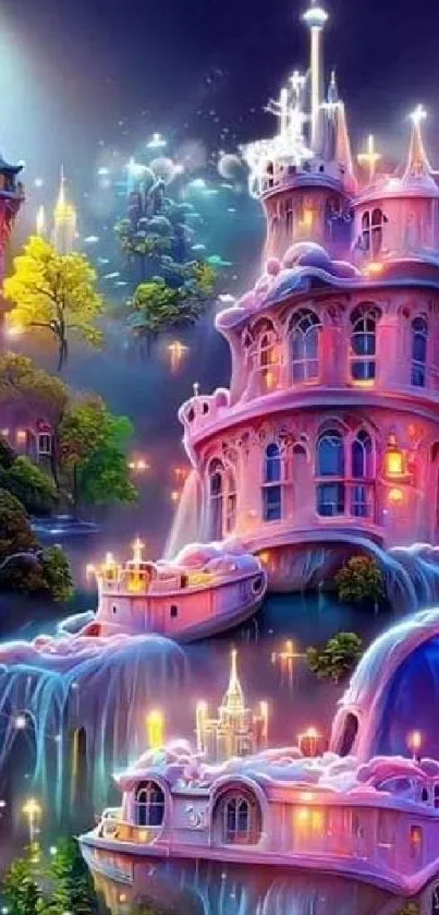 Magical fantasy castle with glowing lights and vibrant colors, perfect as a mobile wallpaper.