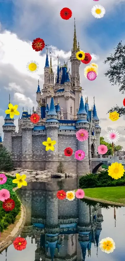 Fantasy castle with blue spires reflecting in a serene river under a cloudy sky.