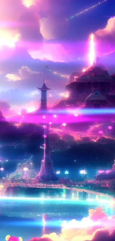 Vibrant fantasy nighttime castle with sparkling lights.
