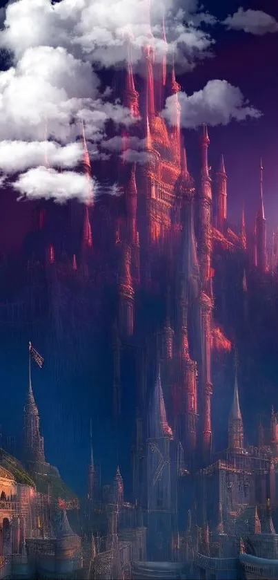 Mystical fantasy castle with glowing spires at dusk, surrounded by dark shades.