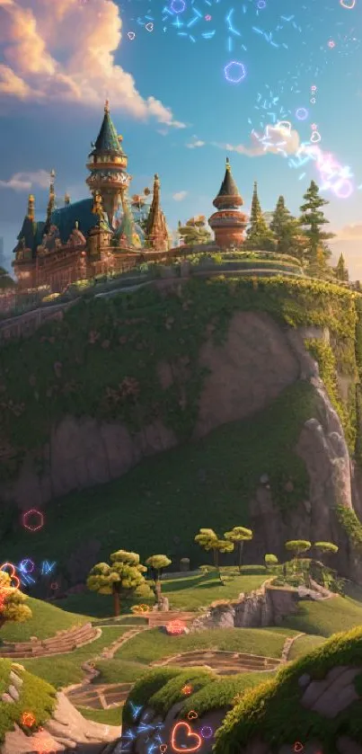 Fantasy castle on a lush green cliff under a vibrant sky.