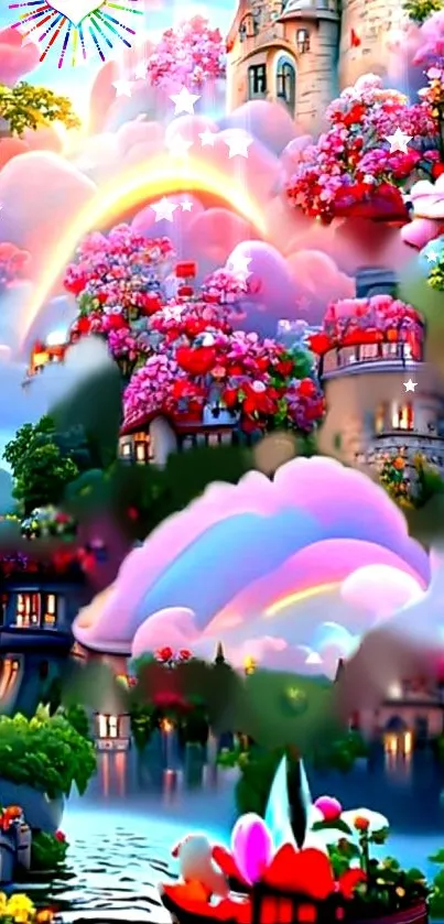 Magical castle with rainbow and colorful flowers in a fantasy landscape.