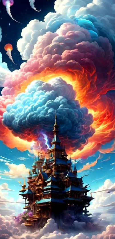 Fantasy castle with colorful clouds in a vibrant sky.