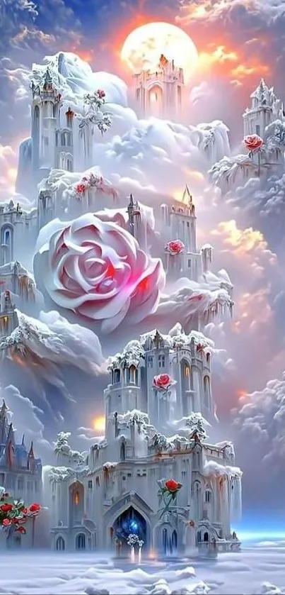 Enchanted white castle in the clouds with roses, magical landscape wallpaper.