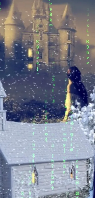 Fantasy castle with snow and a mysterious figure in digital art style.