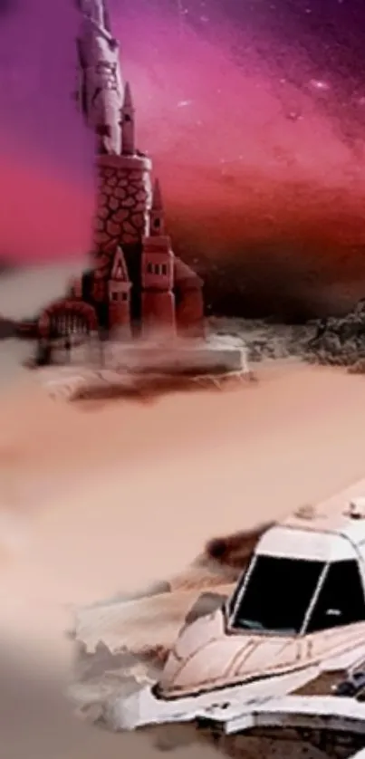 Fantasy castle and spacecraft under a pink cosmic sky.