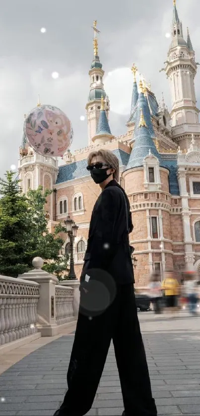 Person in black stands before a fairytale castle under a cloudy sky.