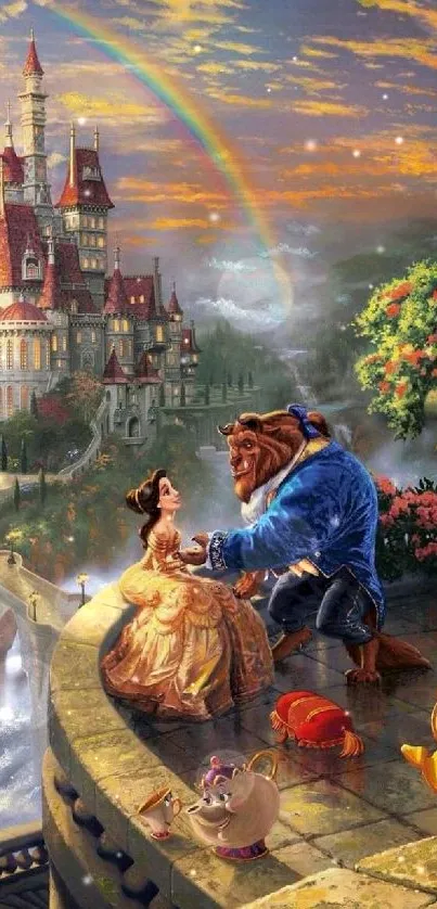 Fantasy scene with castle, rainbow, and characters under a colorful sunset.