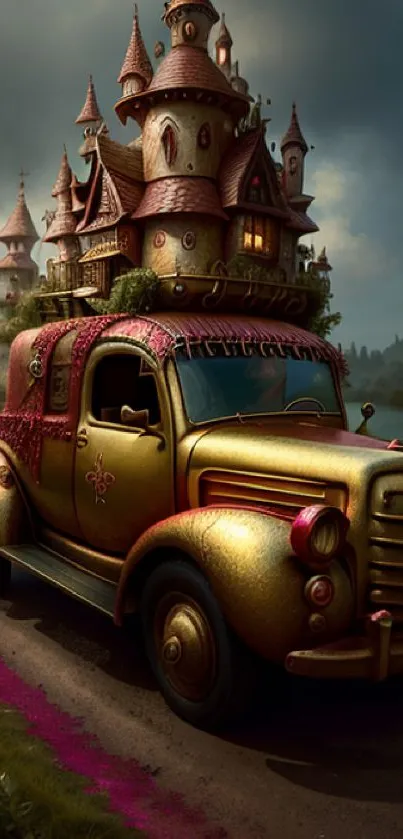 Whimsical scene with a castle on a vintage truck under a cloudy sky.