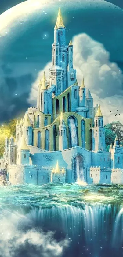 Fantasy castle under moonlit sky with waterfall.