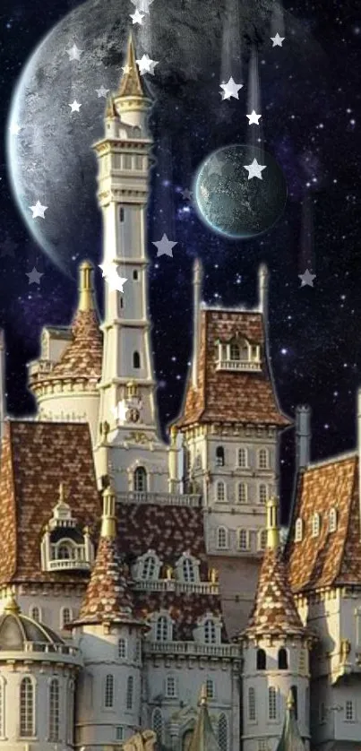 Fantasy castle beneath a starry sky with a magical night ambiance.